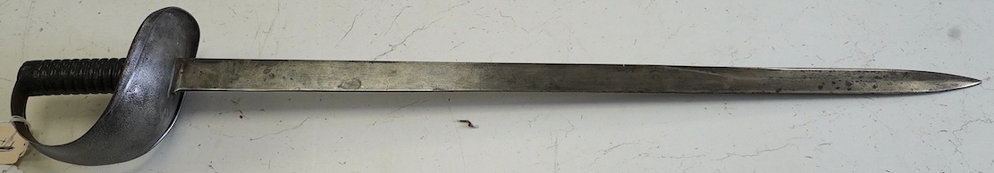 A naval boarding cutlass, blade with issue stamps, 1892, iron guard (pitted) and ribbed iron grips, blade 70.5cm. Condition - worn